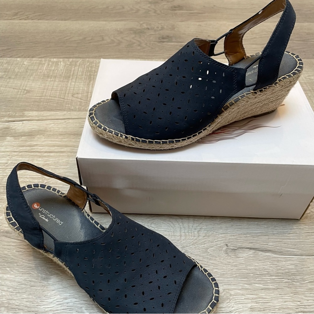 Clarks Navy Blue Petrina Gail Laser Cut Nubuck Jute Slingback Wedge Sandal Siz…